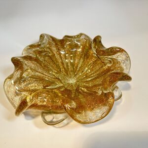 Vintage Murano Gold & Silver Fleck Ruffled Art Glass Bowl Ashtray, Italy